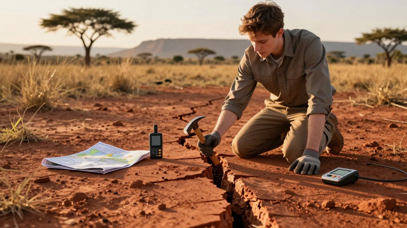 Person untersucht Erdspalte in Wüstenlandschaft, mit Karte und Geräten. Bäume im Hintergrund, Sonnenuntergangsstimmung.