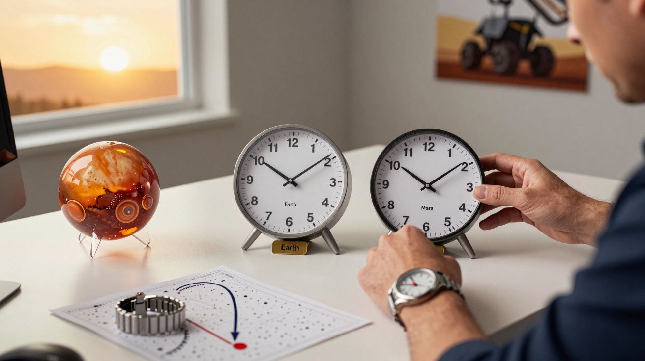 Mann stellt zwei Tischuhren für Erde und Mars, neben Marsglobus und Planetendiagramm ein, Sonnenuntergang im Hintergrund.