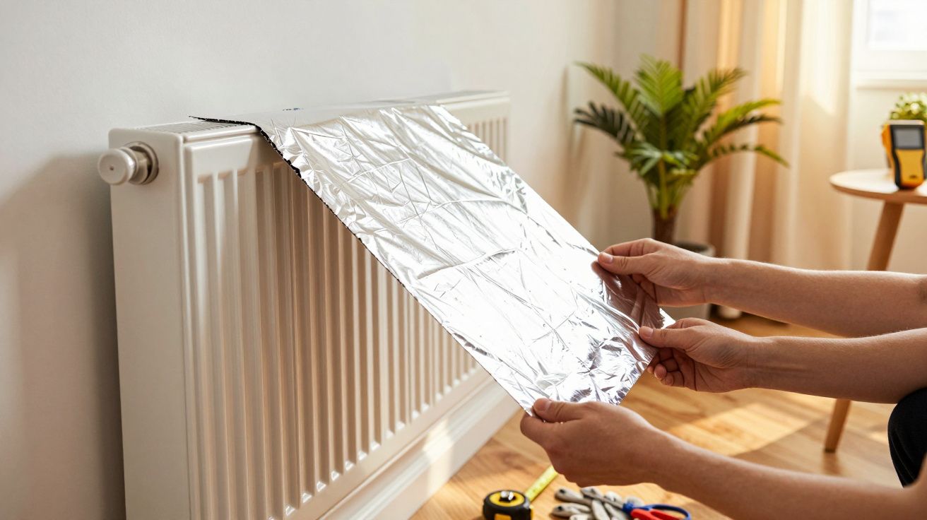 Person befestigt reflektierende Folie hinter einem Heizkörper neben Werkzeugen, um die Energieeffizienz zu verbessern.
