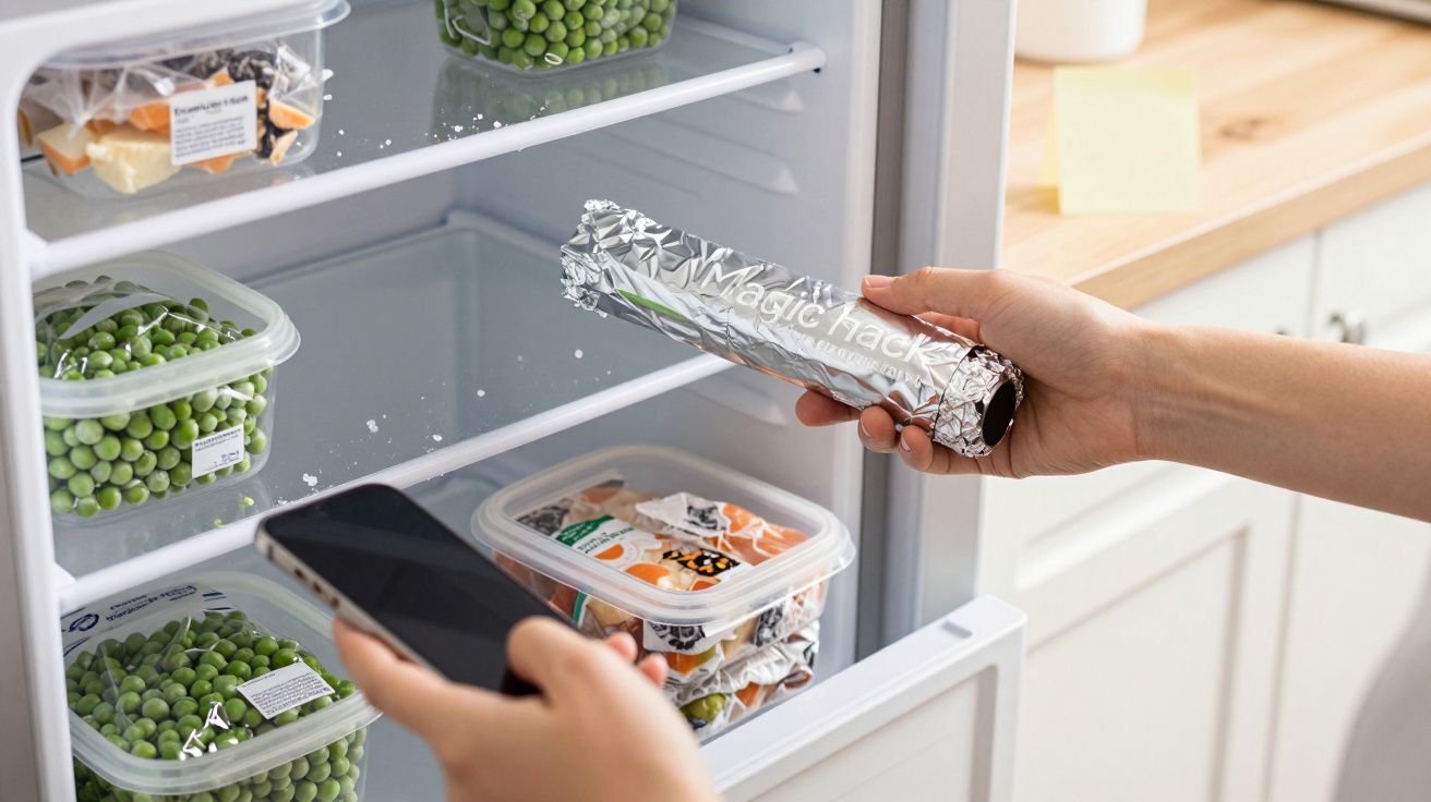 Person hält Folienrolle vor offenem Gefrierschrank mit Gemüsebehältern und nutzt Smartphone.