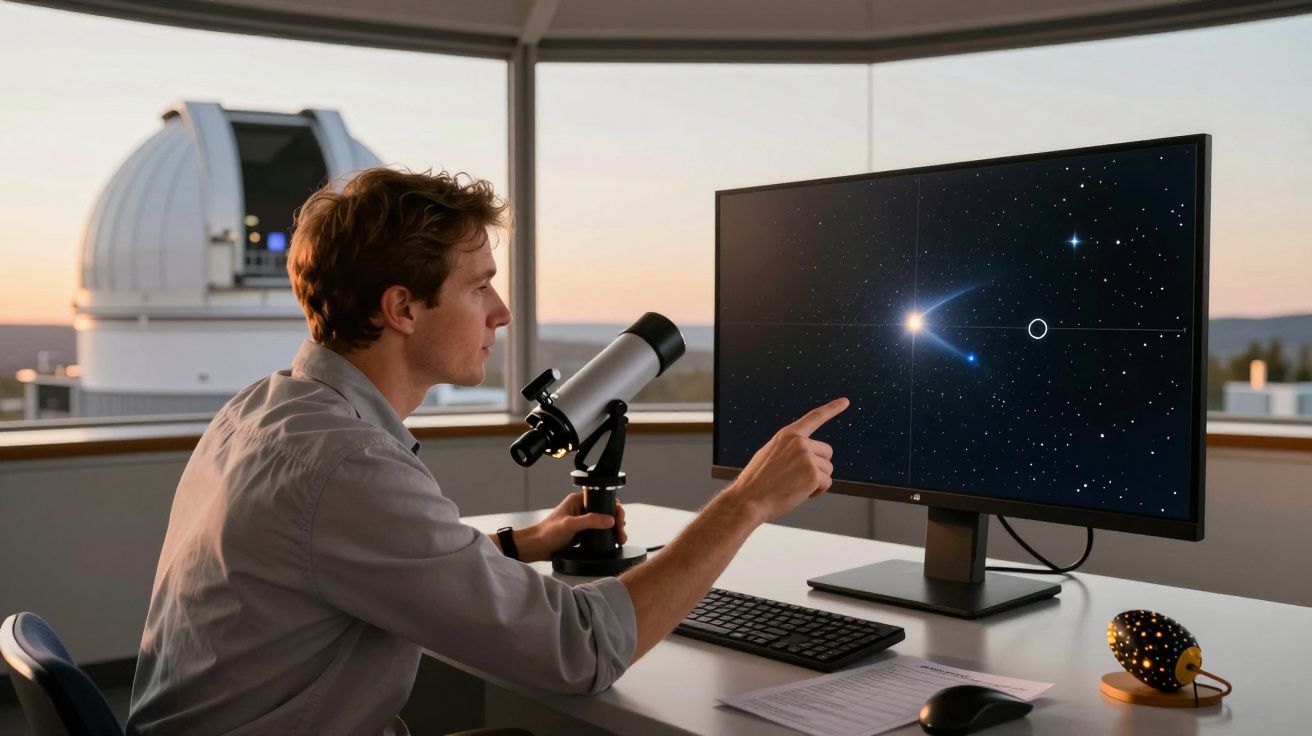Ein Mann im Observatorium betrachtet ein Sternenbild auf einem Computerbildschirm mit einem Teleskop bei Sonnenuntergang.
