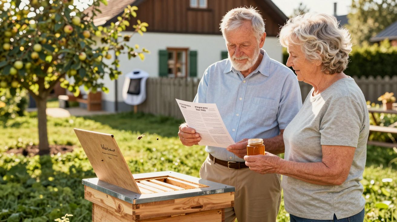 Älteres Paar im Garten betrachtet Bienenkiste, Mann hält Papier, Frau hält Honigglas, Obstbaum im Hintergrund.