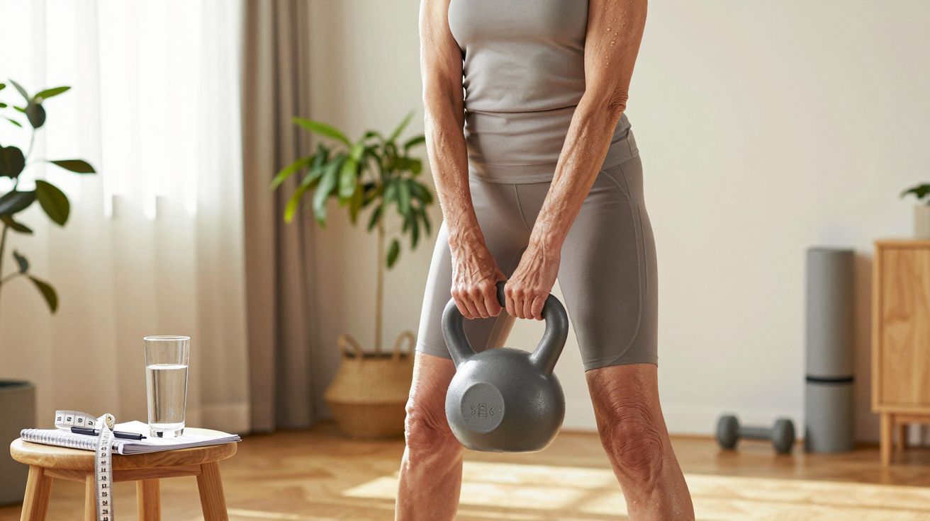 Person hebt Kettlebell in heller Wohnung, neben Wasser, Maßband, Pflanzen.
