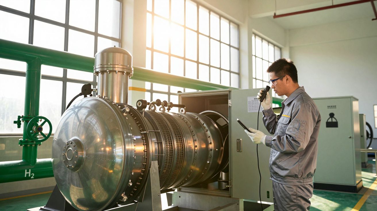 Techniker in Arbeitskleidung inspiziert eine industrielle Maschine in einem hell erleuchteten Raum.