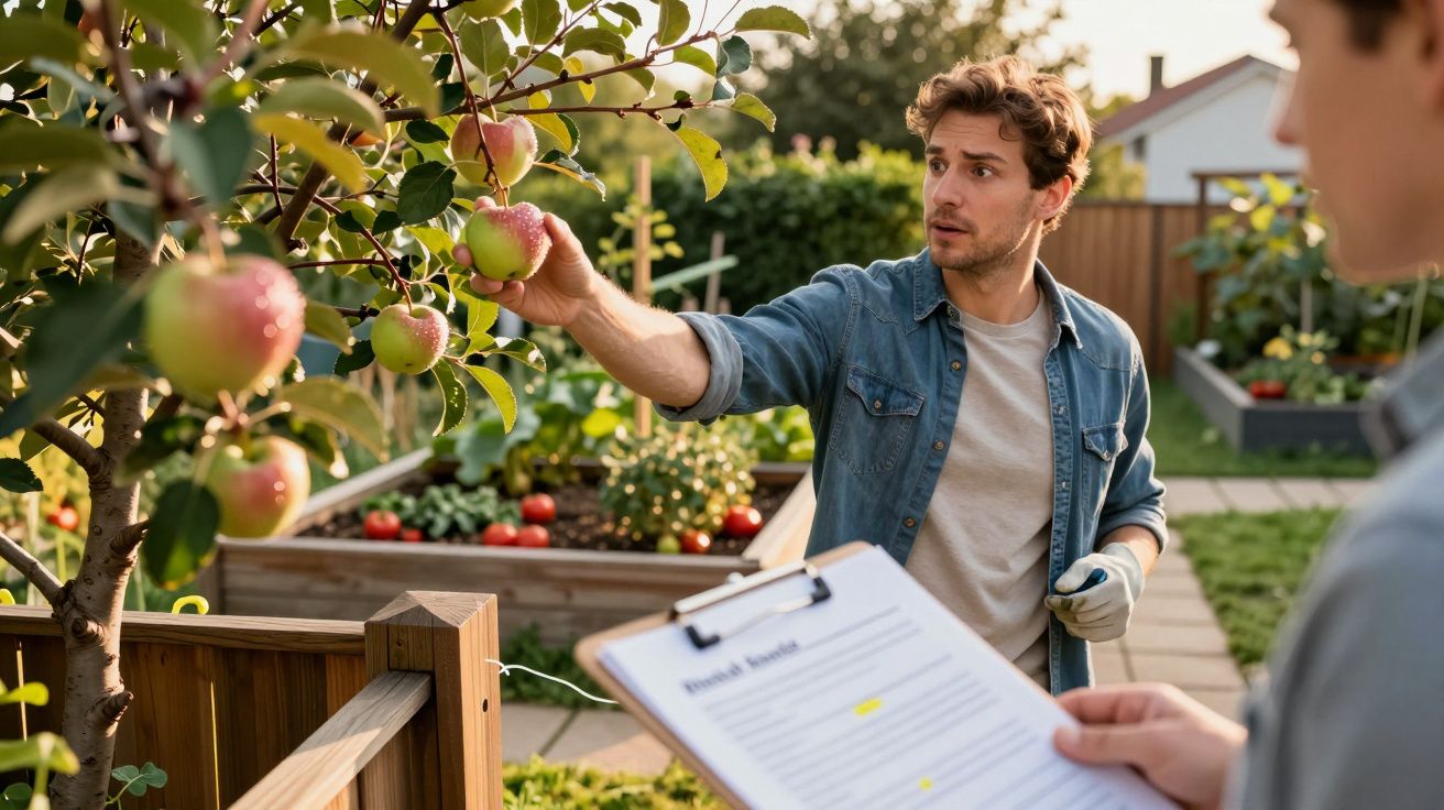 Mann erntet Äpfel im Garten, während ein anderer Notizen auf einem Klemmbrett macht.