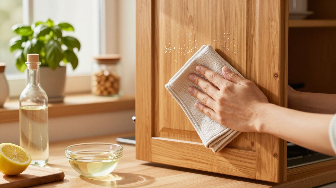 Person reinigt Holzküchenschrank mit Tuch, daneben Glasflasche, Zitronenscheibe und Basilikumpflanze auf dem Tisch.