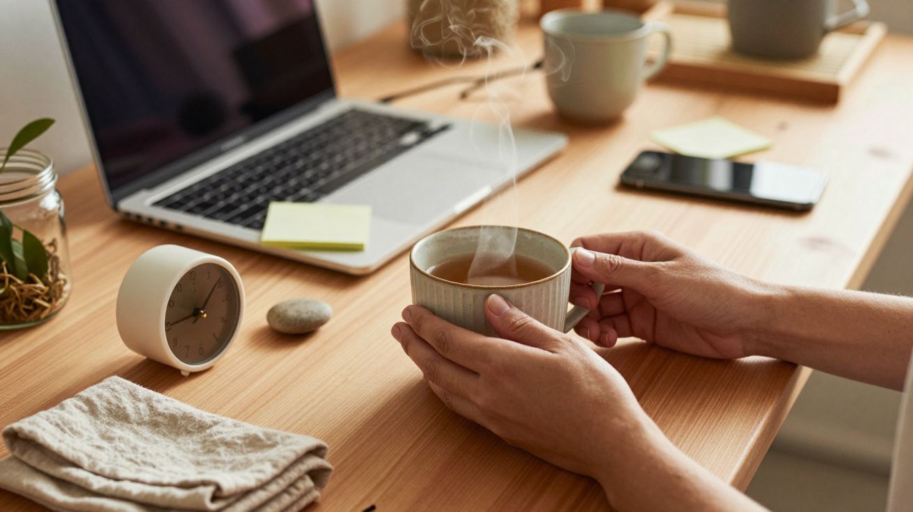 Hände halten eine dampfende Tasse Tee auf einem Schreibtisch mit Laptop, Notizen, Handy und Uhr.