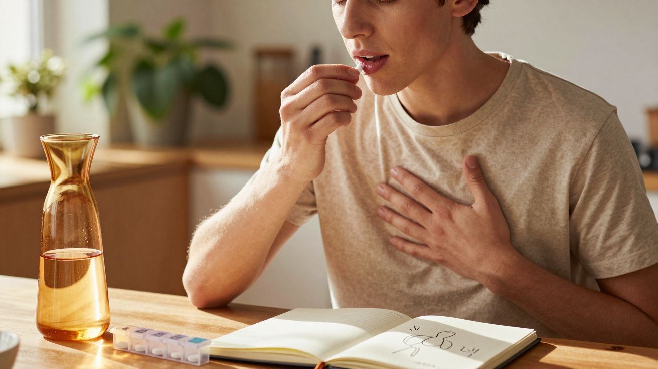 Person sitzt am Tisch, nimmt Tablette, Hand auf der Brust. Daneben Karaffe und Notizbuch mit Skizze.
