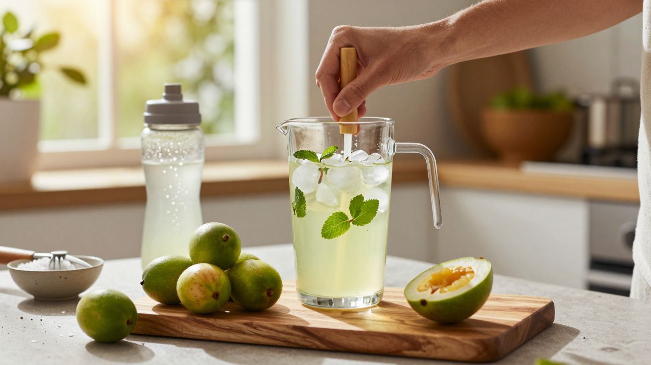 Ein Glas Krug Limonade mit Eis und Minze auf Schneidebrett, umgeben von Limetten in heller Küche.