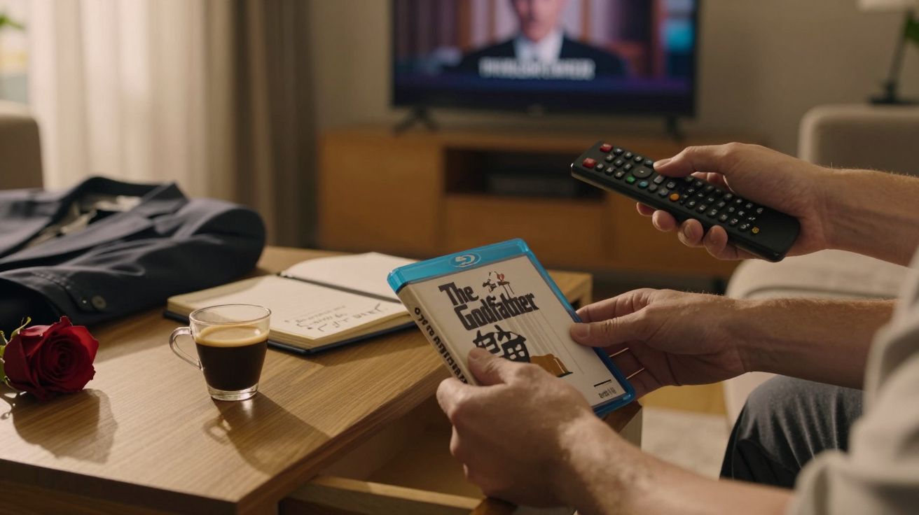 Person hält Blu-ray von "The Godfather" und Fernbedienung, vor TV. Auf Tisch: Kaffee, Notizbuch, Rose, Jacke.