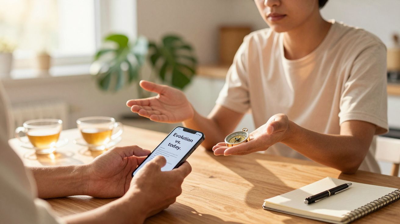 Zwei Personen am Tisch, eine hält ein Handy mit Text, die andere einen goldenen Kompass. Im Hintergrund zwei Tassen Tee.