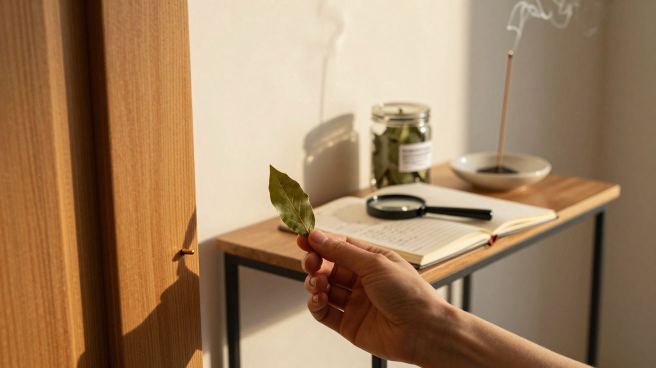 Hand hält ein Blatt vor einem Tisch mit einem aufgeschlagenen Buch, Lupe, Glasgefäß und rauchendem Räucherstäbchen.