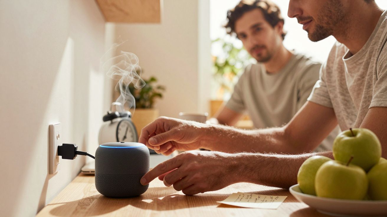Zwei Männer sitzen an einem Tisch, einer bedient einen schwarzen Lautsprecher, daneben grüne Äpfel und eine Notiz.