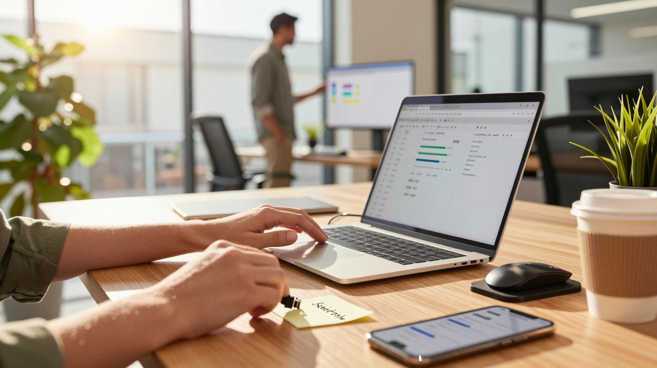 Person arbeitet am Laptop in modernem Büro mit Pflanzen, Smartphone und Kaffee; andere Person im Hintergrund am Whiteboard.