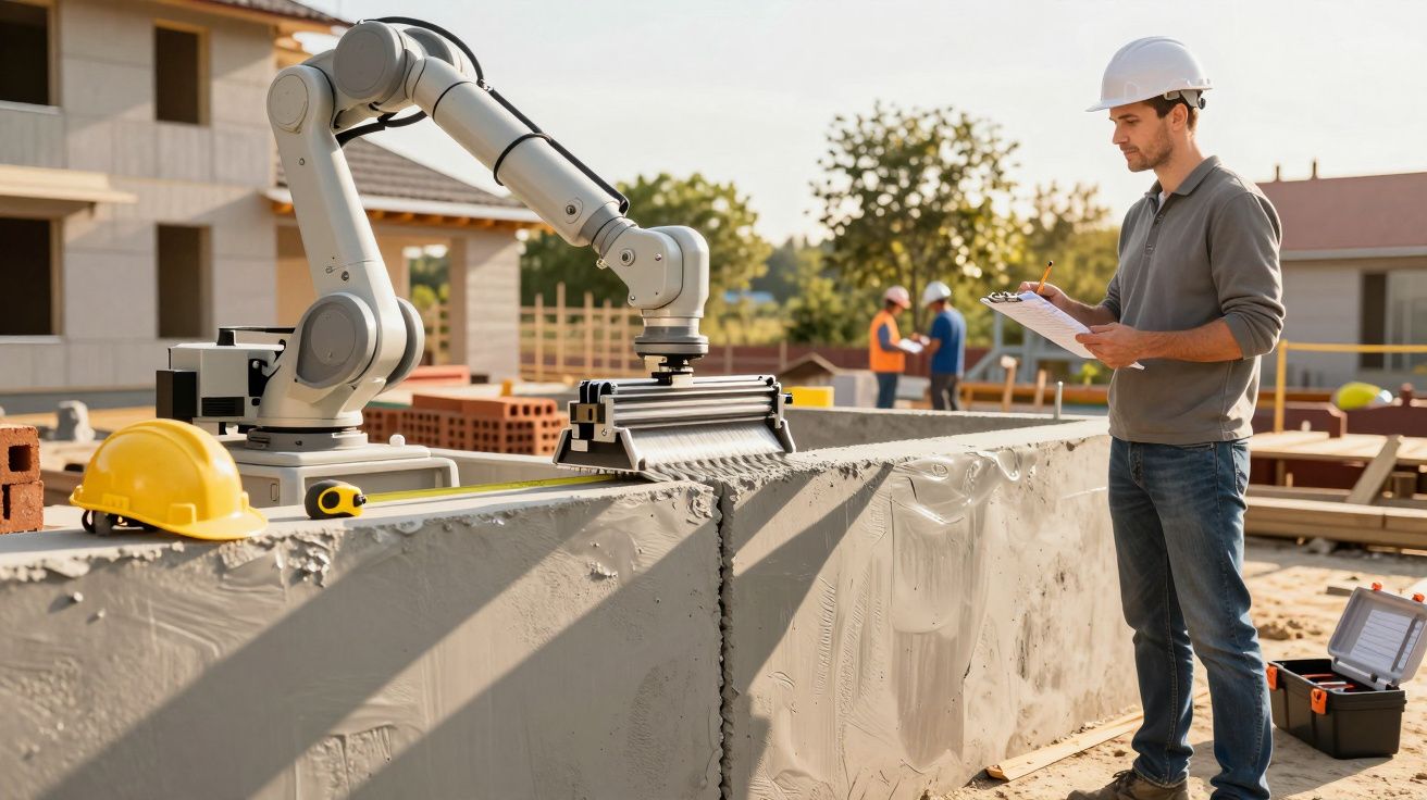 Ein Bauarbeiter beobachtet einen Roboter, der auf einer Baustelle eine Mauer errichtet.