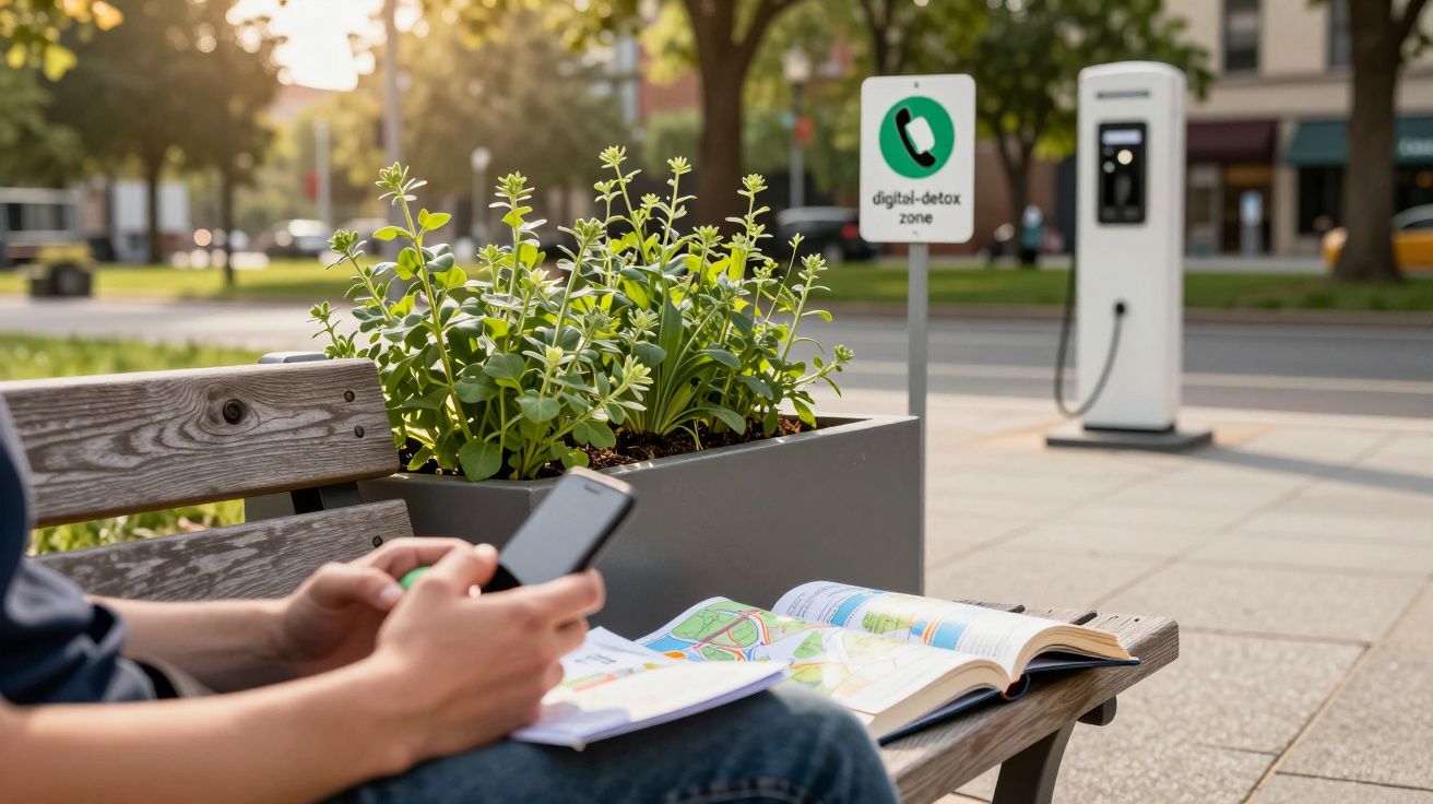 Person sitzt auf einer Bank in einer „Digital-Detox-Zone“, hält Handy und Buch, im Hintergrund Ladesäule.
