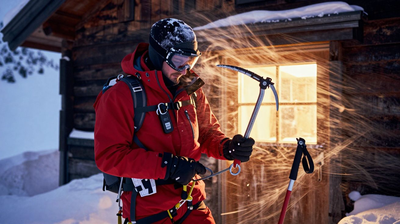 Ein Mann in roter Jacke bei Schneesturm vor einer Berghütte, hält ein Eispickel.