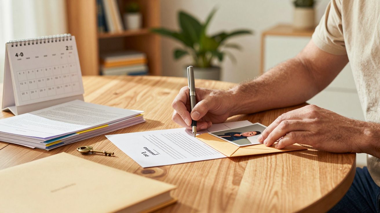 Person schreibt einen Brief an einem Holztisch, ein Kalender und ein Umschlag mit Foto sind daneben platziert.
