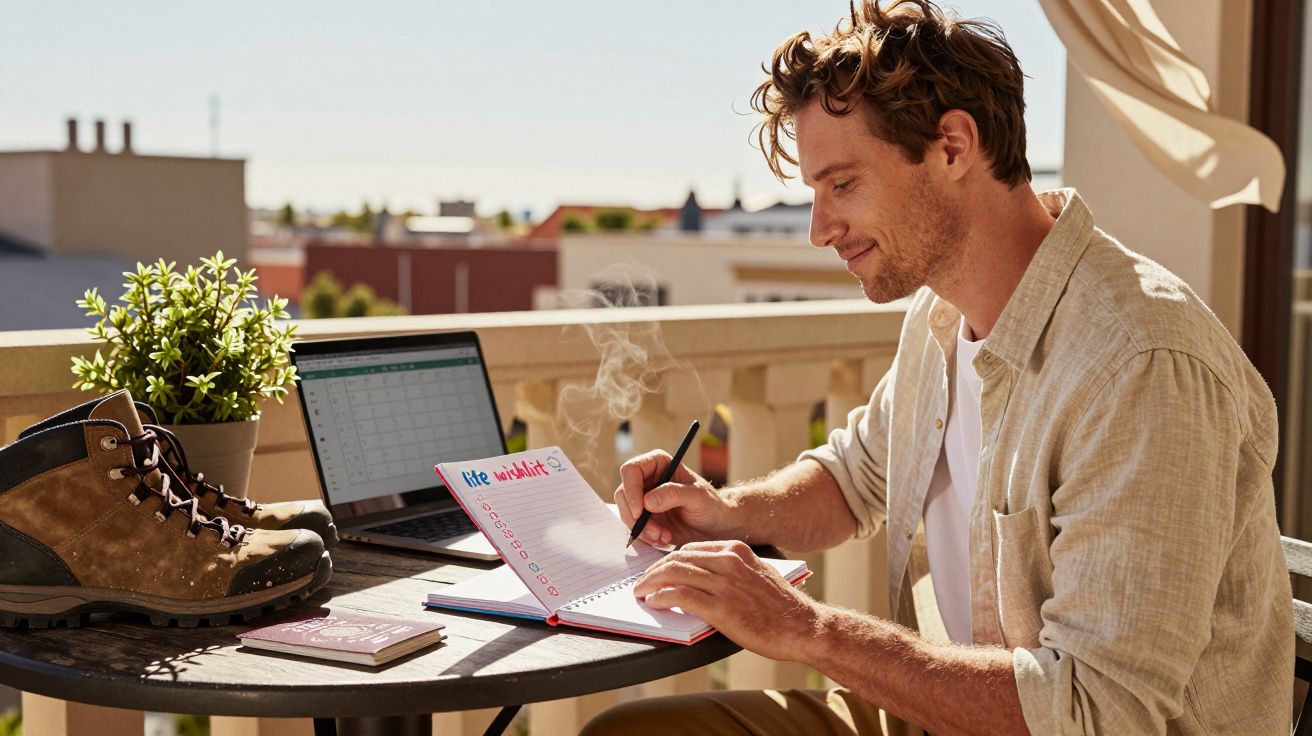 Mann auf Balkon arbeitet am Laptop, schreibt in Heft, Wanderschuhe und Topfpflanze auf dem Tisch, sonniger Tag.
