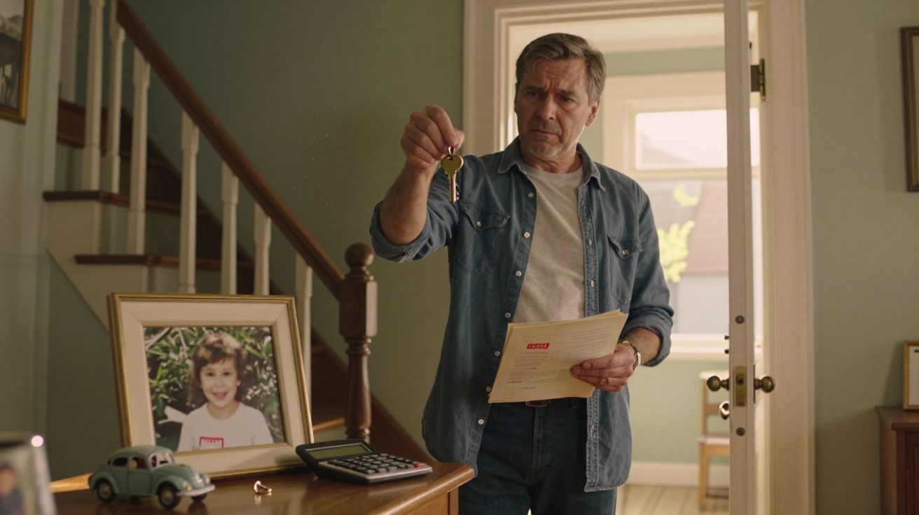 Ein Mann steht im Flur, hält Schlüssel und Dokumente, neben einem Tisch mit einem gerahmten Kinderfoto.