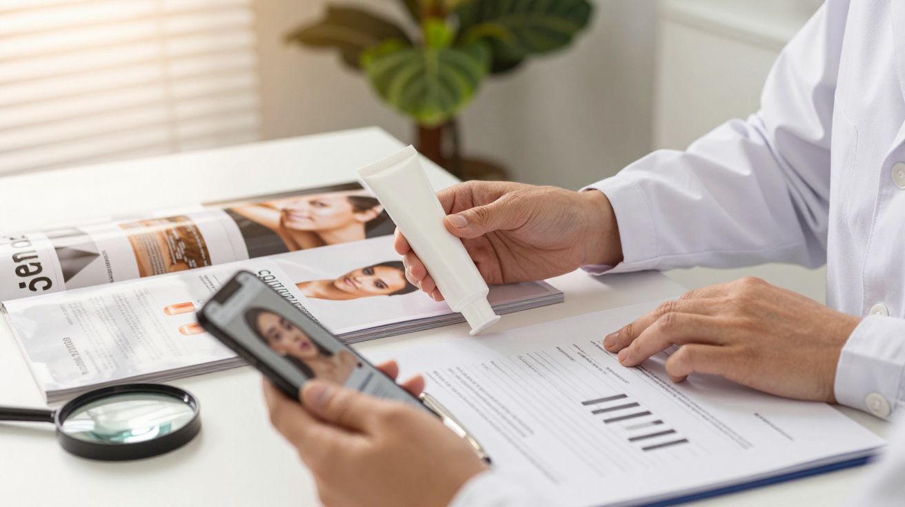 Ein Arzt zeigt auf ein Dokument, hält eine Salbe in der Hand und überprüft Informationen auf einem Smartphone.