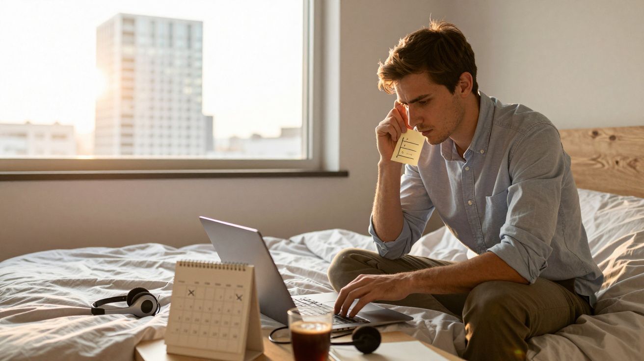 Mann arbeitet am Laptop auf Bett, spricht am Handy im Sonnenuntergang. Kalender, Kopfhörer und Glas auf Bett.