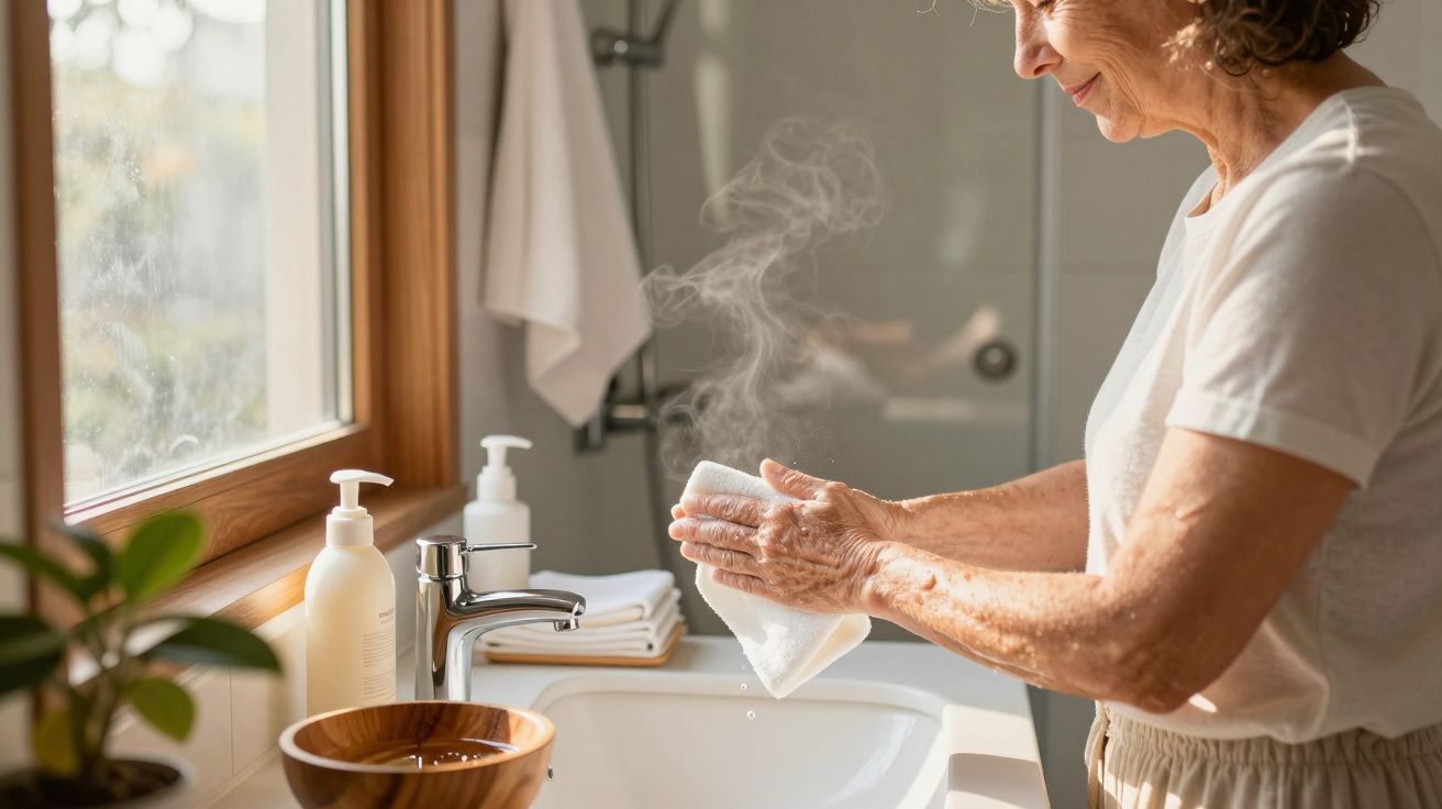 Ältere Frau wäscht Hände mit heißem Wasser im hellen Badezimmer, Handtuch in der Hand, Pflanzen auf der Fensterbank.