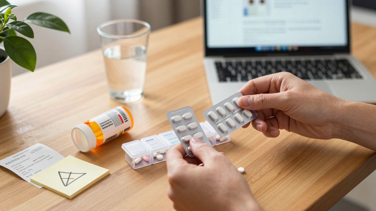 Person sortiert Tabletten an einem Tisch mit Laptop, Pflanze und Wasserglas.