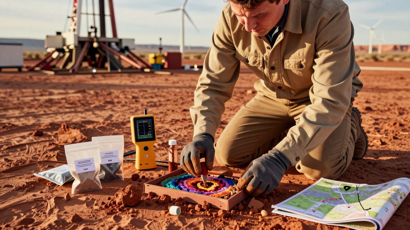 Ein Mann arbeitet im Freien auf roter Erde, umgeben von Ausrüstung und einer Karte, im Hintergrund Windkraftanlagen.
