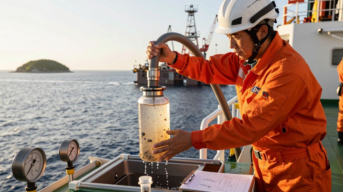 Eine Person in Schutzkleidung sammelt Wasserproben auf einem Forschungsschiff bei Sonnenuntergang.