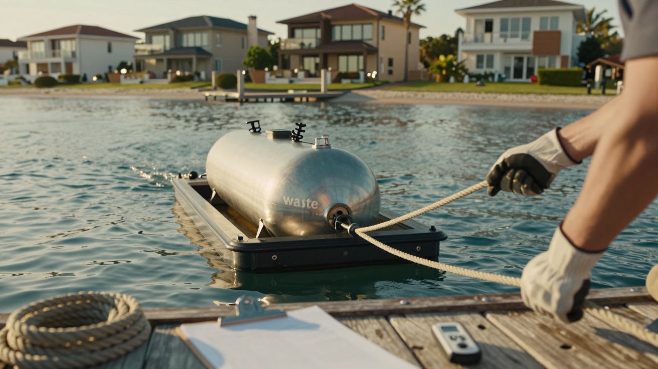 Eine Person zieht einen schwimmenden Metalltank an einem Seil zu einem Steg. Im Hintergrund sind Häuser zu sehen.
