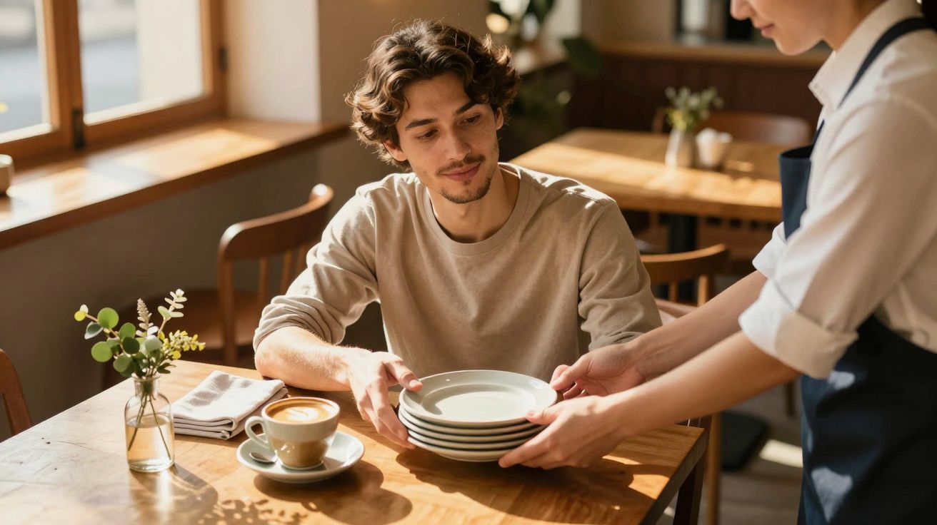 Mann in Café erhält von Kellnerin einen Stapel Teller, neben ihm steht eine Tasse Cappuccino auf dem Holztisch.