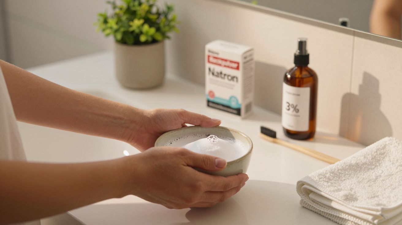 Person hält Schüssel mit Schaum. Daneben Natronpackung, Braunglasflasche, Zahnbürste und Handtücher auf einem Waschtisch.