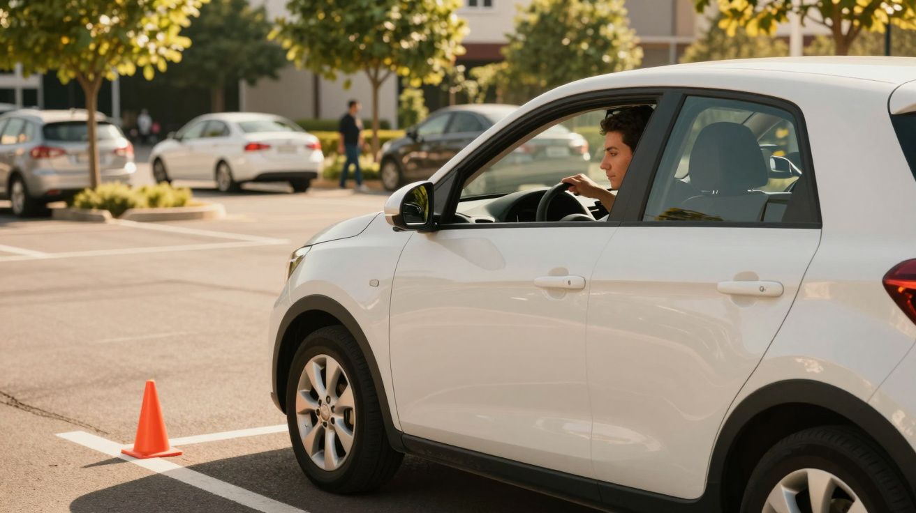 Person in weißem Auto auf Parkplatz, blickt nach hinten. Verkehrsleitkegel in der Nähe.