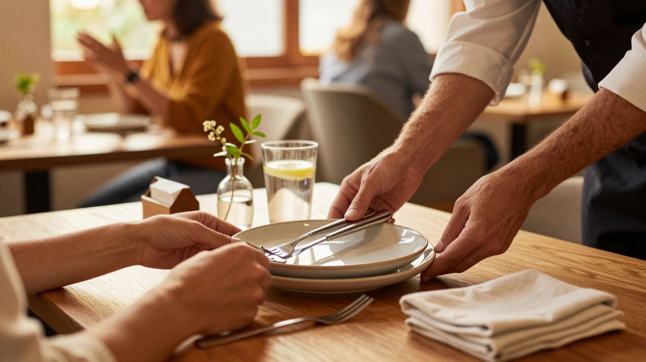 Kellner deckt Tisch im Restaurant ein, mit elegantem Geschirr und Besteck. Im Hintergrund unterhalten sich Gäste.
