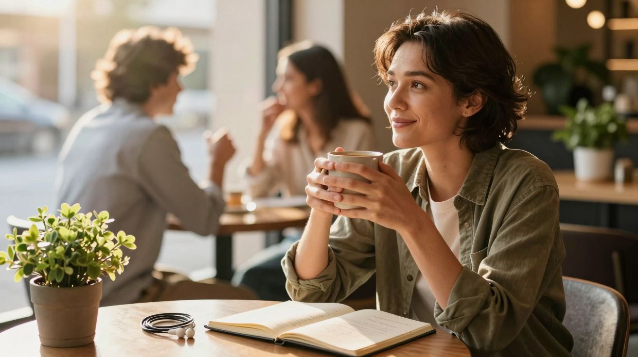 Frau mit Kaffee sitzt lächelnd in einem Café, Notizbuch und Kopfhörer auf dem Tisch, Paare im Hintergrund.