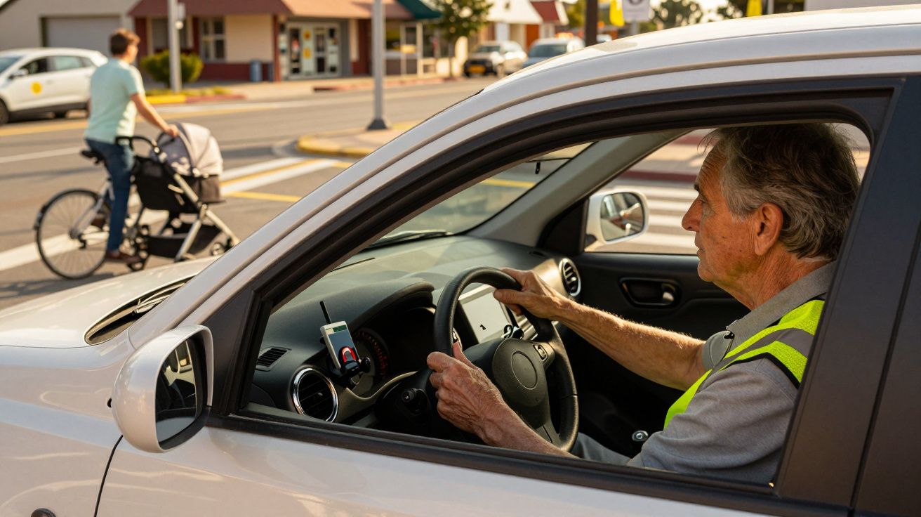 Älterer Mann fährt Auto, wartet an der Kreuzung. Mann mit Kinderwagen und Fahrrad überquert Straße im Hintergrund.