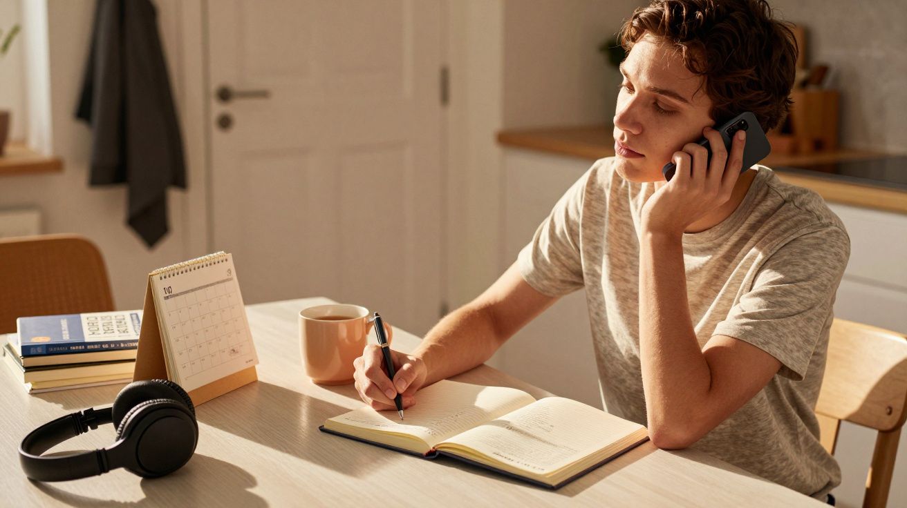 Junger Mann telefoniert, schreibt in ein Notizbuch, sitzt an einem Tisch mit Kopfhörer, Kalender und Kaffeetasse.