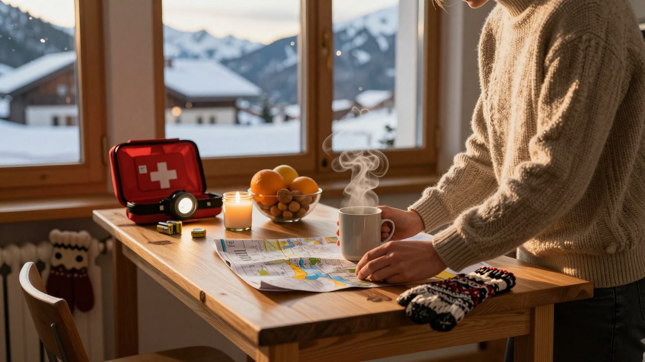 Person studiert Karte mit Tee am Tisch, Kerze und Apfel auf Bergsicht, Erste-Hilfe-Set in Holzhaus im Winter.