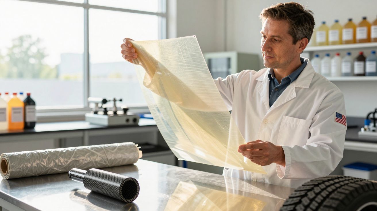 Wissenschaftler im Labor untersucht durchsichtiges Material, das auf einem Tisch ausgerollt ist.