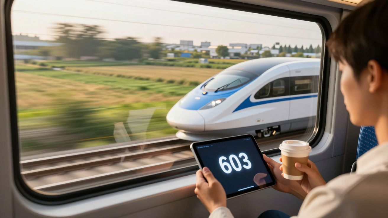 Person hält Tablet und Kaffee im Zug, Blick aus dem Fenster auf vorbeifahrenden Hochgeschwindigkeitszug bei Tag.