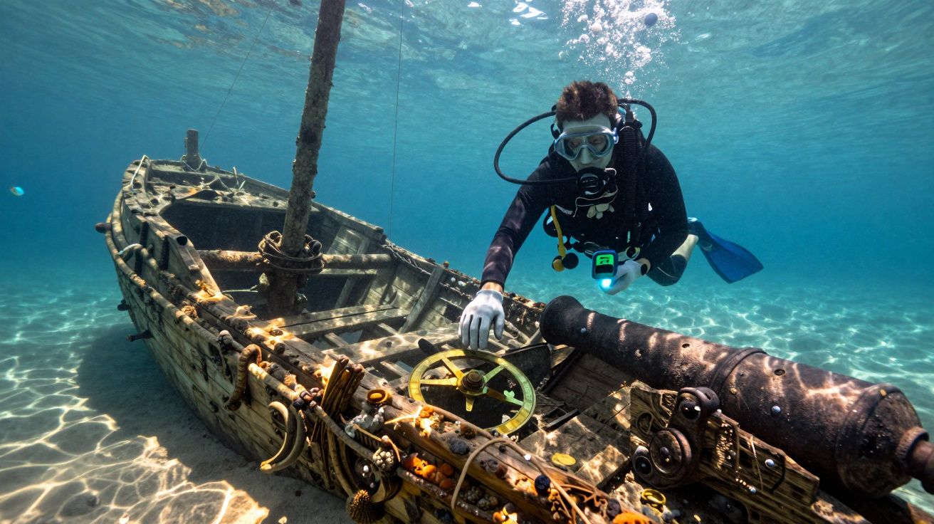 Taucher erforscht ein versunkenes Holzschiff mit antiken Kanonen in klarem, blauem Wasser.