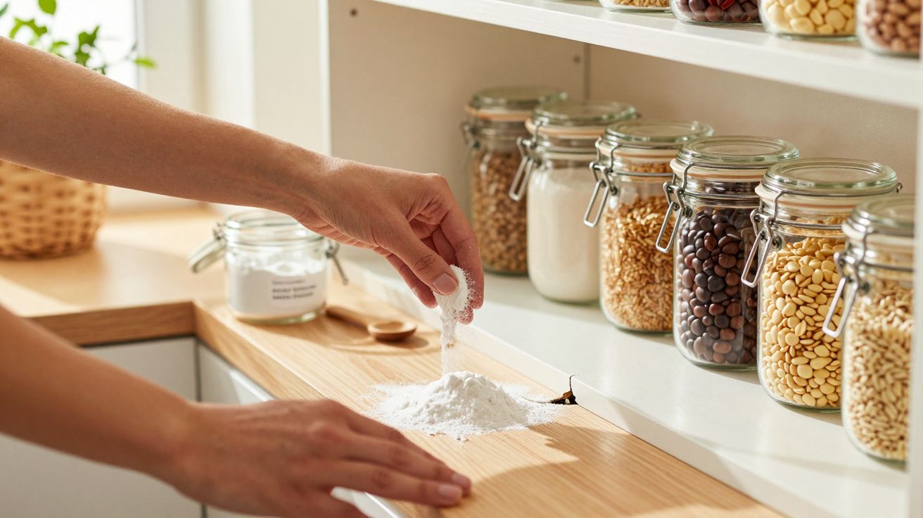 Hand misst Mehl auf Küchenarbeitsplatte ab, Vorratsgläser mit verschiedenen Hülsenfrüchten im Hintergrund.