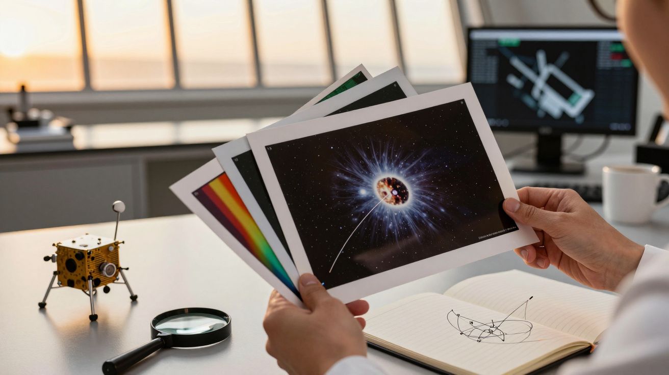 Person hält Weltraumfotos; im Hintergrund ein Modell und Computerbildschirm, auf dem ein Satellitenbild zu sehen ist.