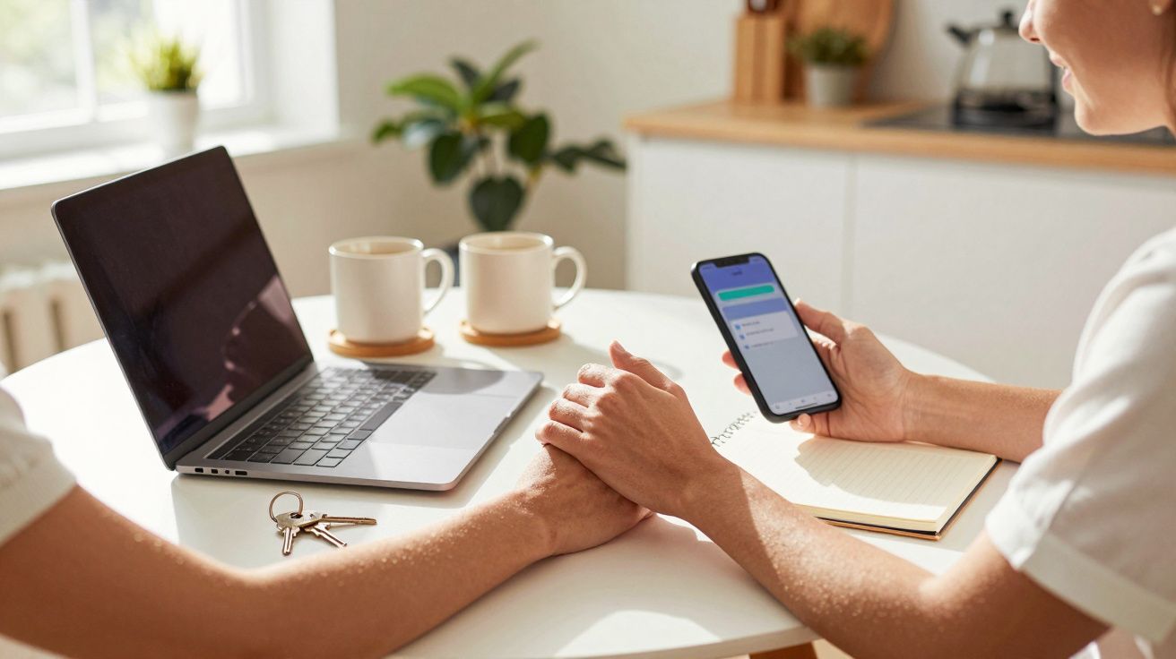 Zwei Menschen am Tisch mit Laptop und Handy, zwei Kaffeetassen und einem Notizbuch. Hände berühren sich freundlich.