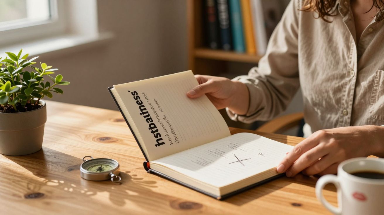 Person blättert durch ein Notizbuch auf einem Tisch mit Kompass, Pflanze und Tasse Kaffee bei Tageslicht.