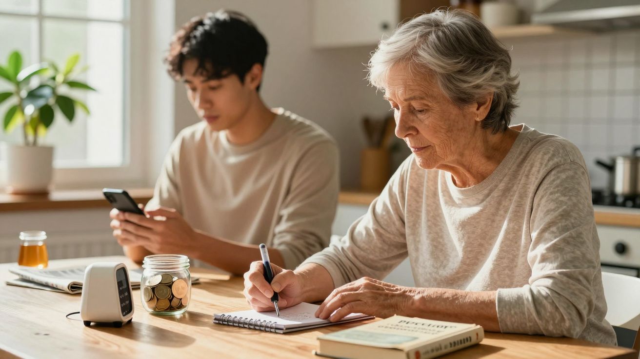 Ältere Frau schreibt in Notizbuch, junger Mann schaut auf Handy, am Tisch im sonnigen Raum mit Pflanzen und Büchern.