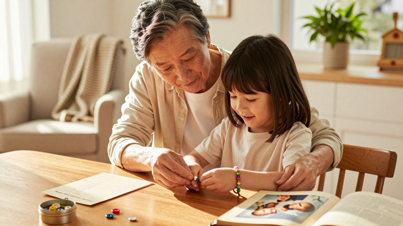Älterer Mann und Kind basteln zusammen am Tisch, umgeben von Bastelmaterialien und einem Buch.