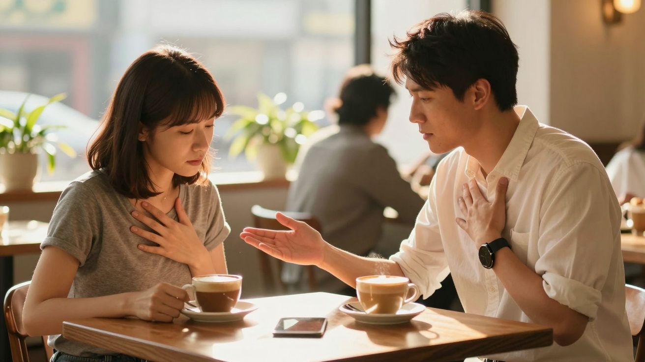 Zwei Personen sprechen ernsthaft in einem Café, beide halten eine Hand auf der Brust.