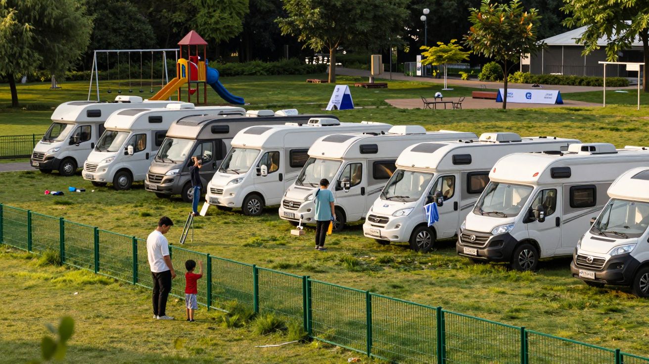 Reihe von Wohnmobilen in einem Park, Menschen bereiten Camp vor, Spielplatz im Hintergrund.